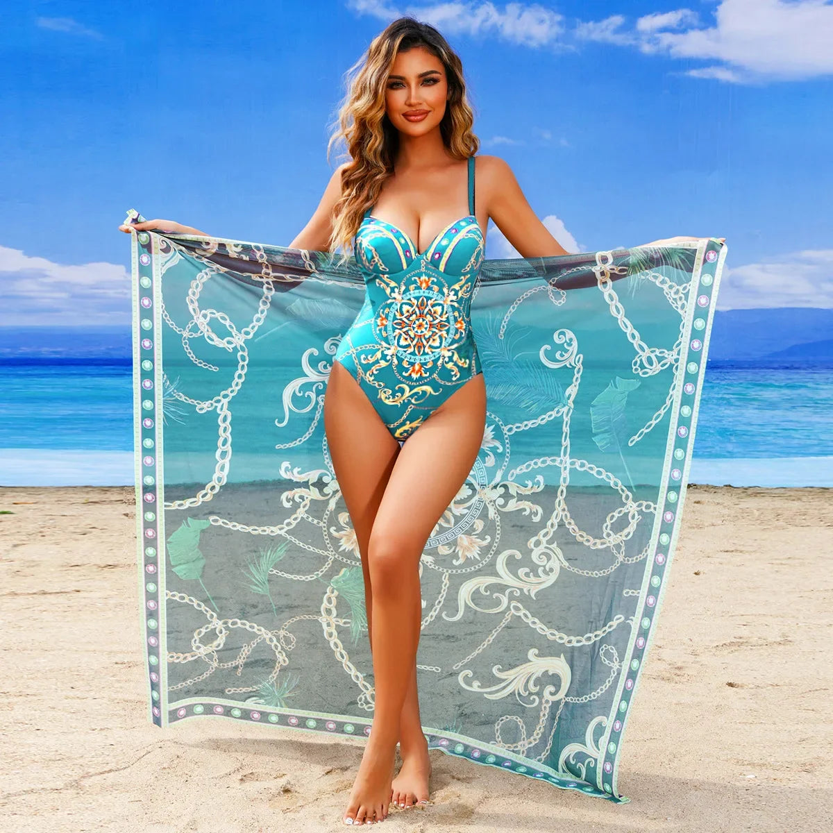 2025 New Underwire Women Sexy Swimsuit 2 Pieces Swimwear Slim Monokini Chains Print Push Up Bikinis Black Blue Green Beachwear