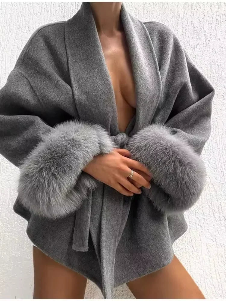 Cappotto di lana patchwork in pelliccia solida Moda donna Manica intera Scollo a V Con lacci Cappotto lungo allentato Autunno Ufficio Pendolarismo Lady Outwear