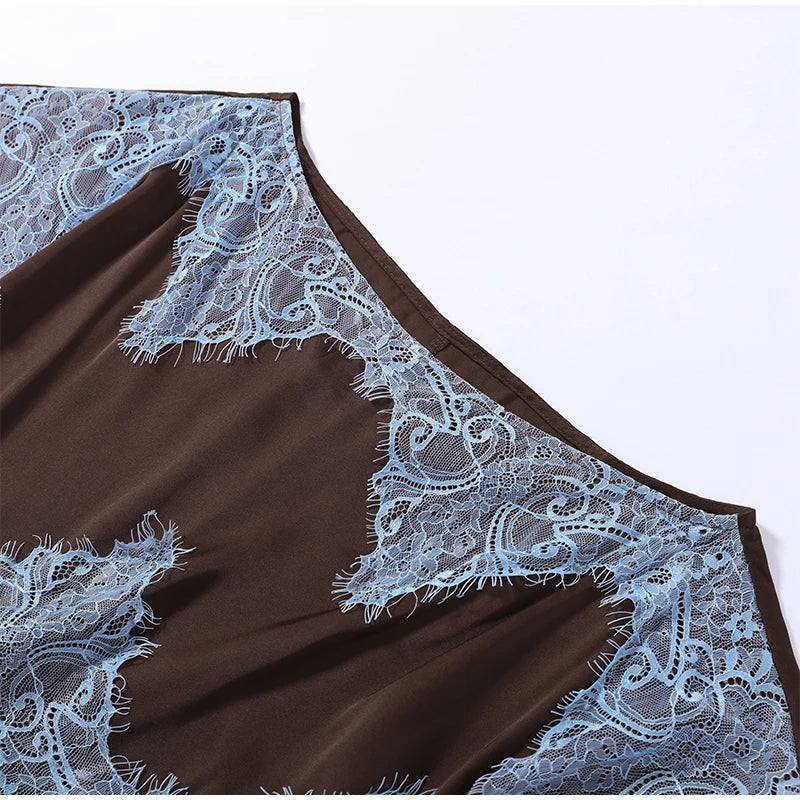 Elegante Abito Lungo da Donna con Pizzo e Patchwork, Vestito Urbano con Collo Asimmetrico e Maniche Corte, Stile Impero, Collezione Estate 2026