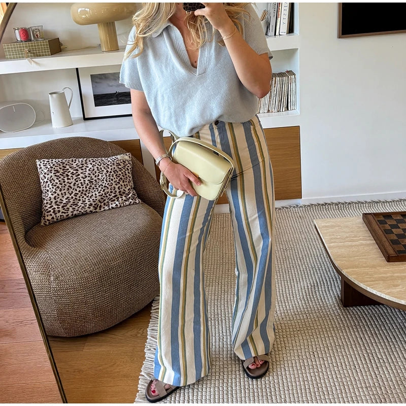 Jeans da Donna a Righe Stile Street Fashion con Cerniera, Bottone e Tasche, Gamba Larga, Pantaloni in Denim Chic Primavera Estate 2026