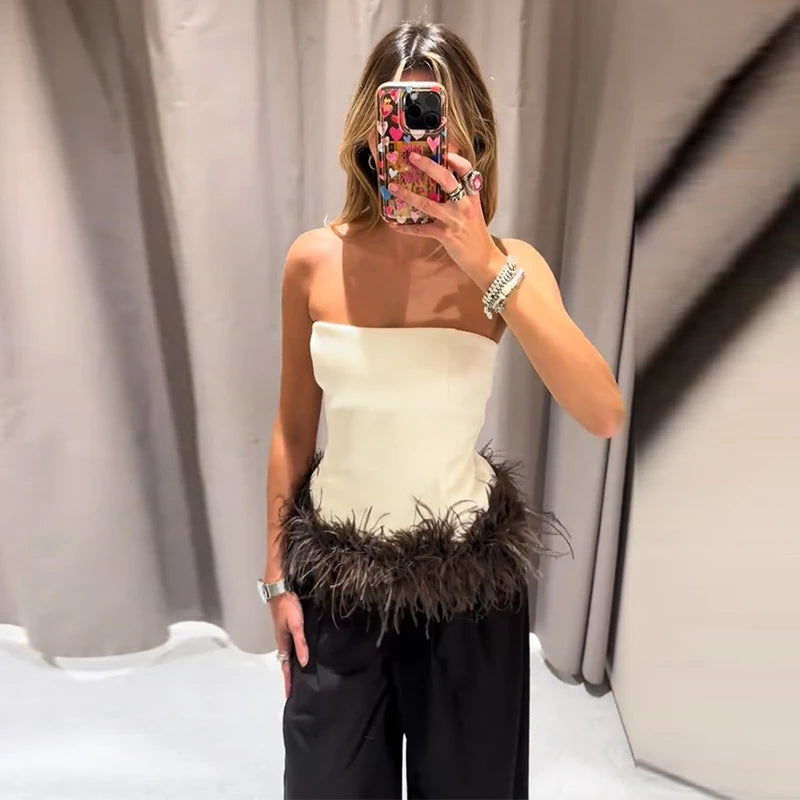 Abito Mini da Donna con Piume e Patchwork, Sexy, con Spalline, Scollo a Barca, Schiena Scoperta, Cerniere, Vestito Aderente da Donna 2026, Abito da Festa Elegante