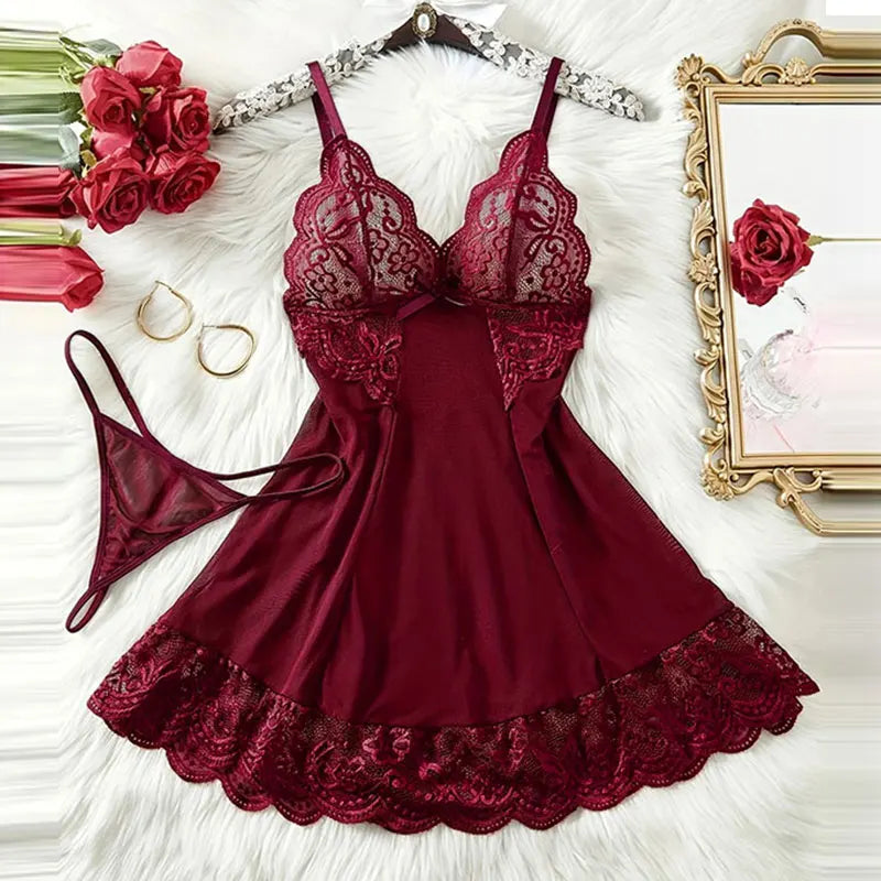 Pigiama lingerie erotica push up in pizzo a V profondo Set pigiama estivo sottile donna camicia da notte abito da notte caldo reggiseno sexy taglie forti perizoma da notte