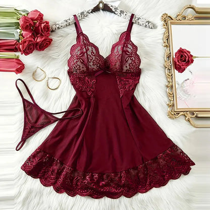 Pigiama lingerie erotica push up in pizzo a V profondo Set pigiama estivo sottile donna camicia da notte abito da notte caldo reggiseno sexy taglie forti perizoma da notte