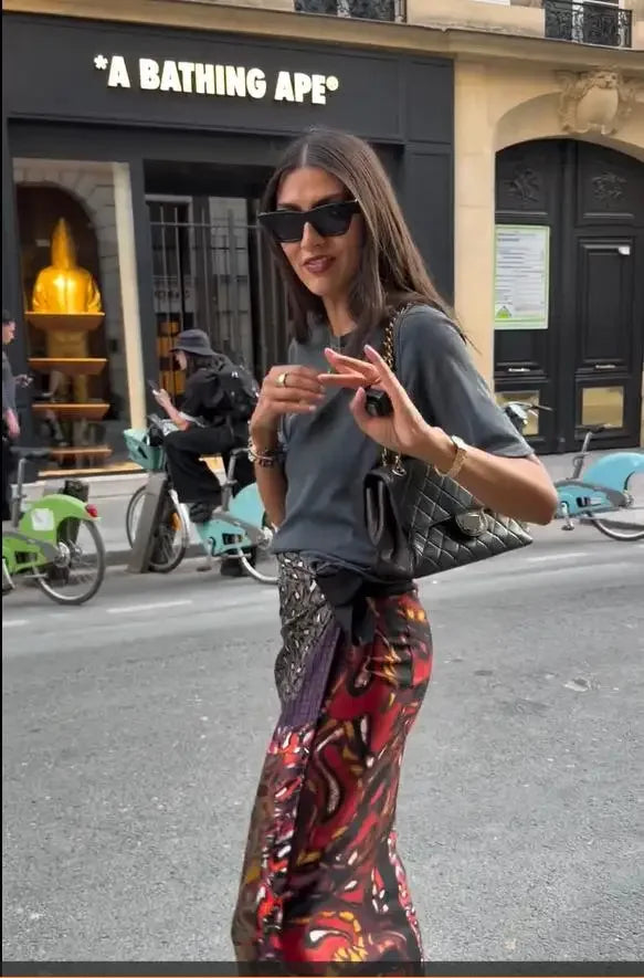 Gonna midi avvolgente da donna con stampa boho, in raso, a vita alta, con spacco, ampia e lunga, nuova collezione estate 2026, abbigliamento da strada per le vacanze.
