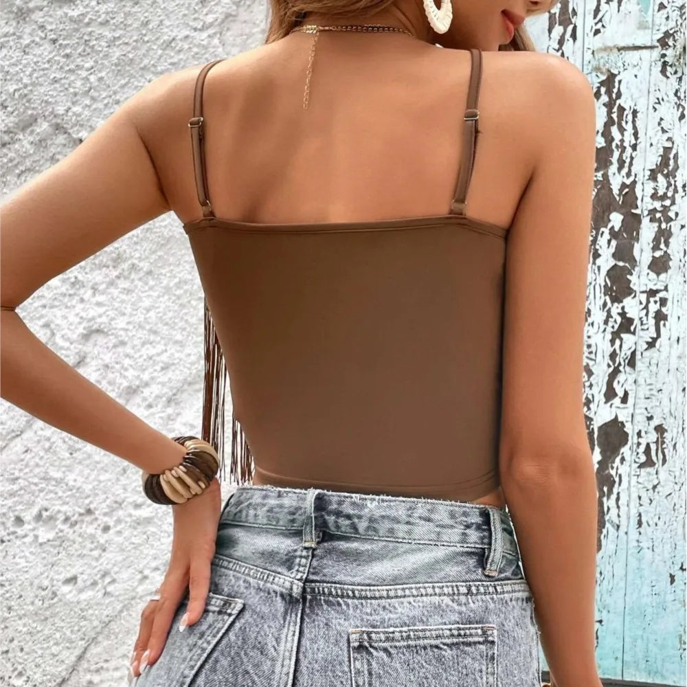 Sexy Summer Halter Top Women's Fashion Elegant Spring Summer Solid Color Street Style Sleeveless Spaghetti Strap Tassel Vest