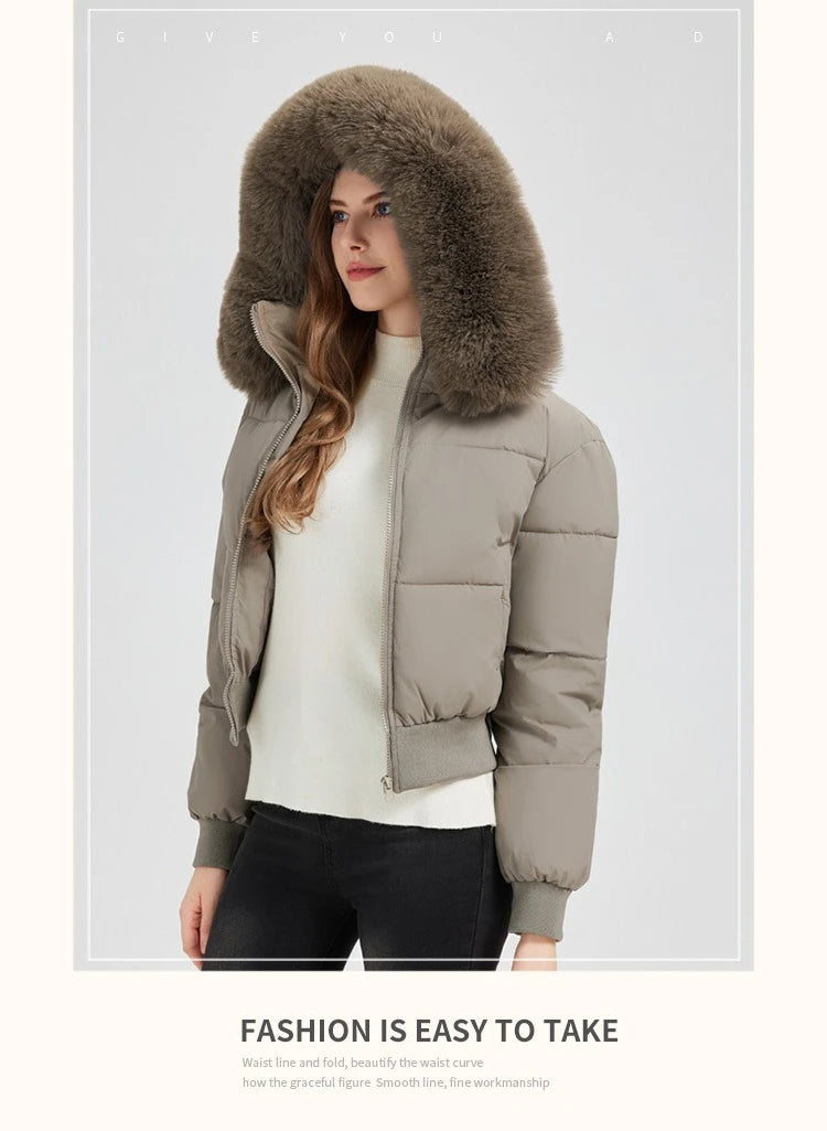 Parka Corta Invernale da Donna in Stile Coreano 2026, Imbottita in Cotone, Casual, Calda, con Cappuccio in Pelliccia, Chic Streetwear