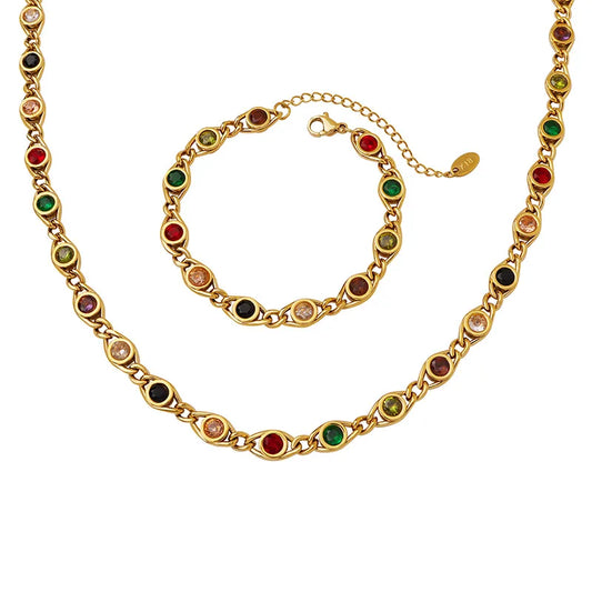 Ensemble collier bracelet zircon coloré pour femmes, chaîne inaltérable tendance, bijoux de créateur, accessoires plaqués or en cuivre 2024