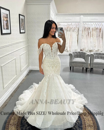 Anna Abiti da sposa eleganti con volant per Mariage Sirena Applicazioni in pizzo con spalle scoperte Vestido de Casamento Personalizzato