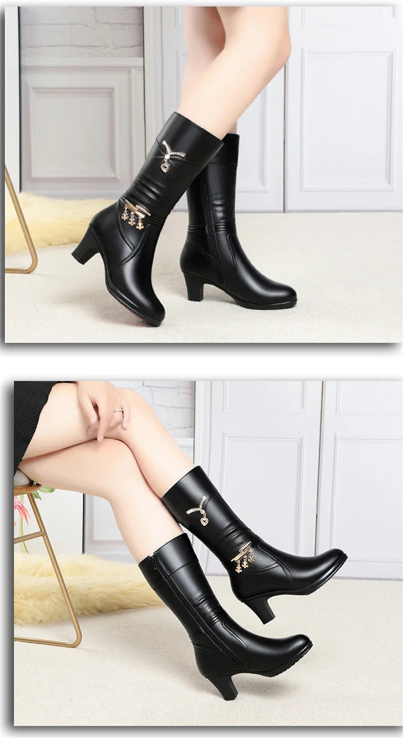 Women Comfortable Fleece Medium Boots Autumn Winter New Style Thick Heel Side Zipper Pointed Fashion High Heels Boots