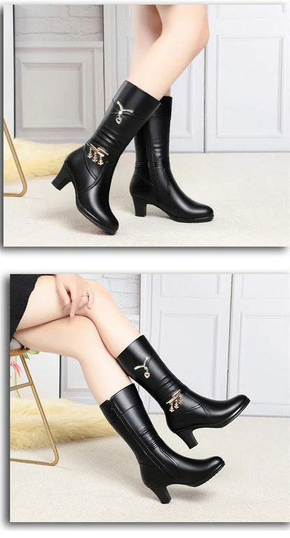 Women Comfortable Fleece Medium Boots Autumn Winter New Style Thick Heel Side Zipper Pointed Fashion High Heels Boots