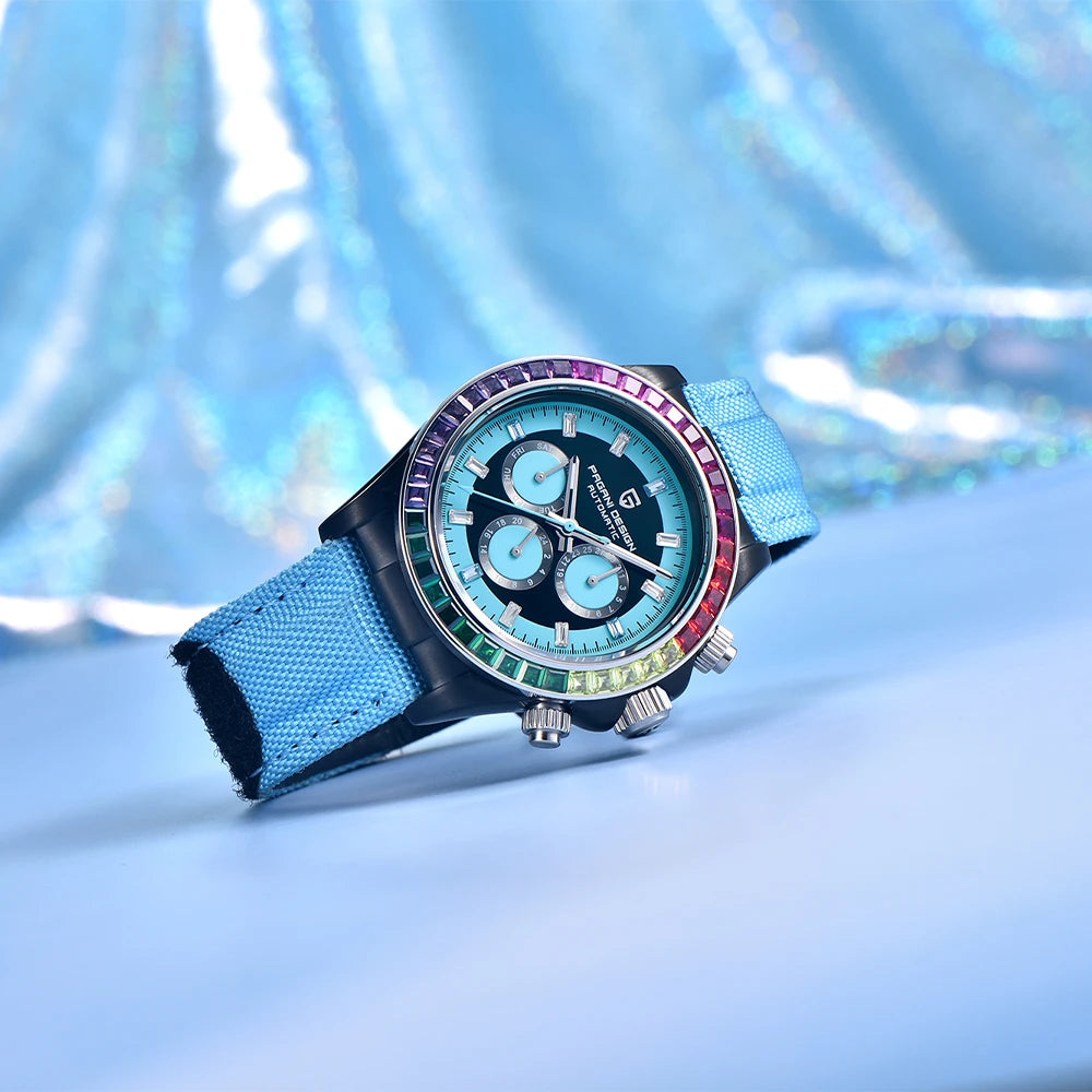 PAGANI DESIGN Orologio meccanico da uomo di lusso 40mm Orologio con cronometraggio multifunzionale Lunetta arcobaleno Vetro zaffiro Orologi da uomo PD1732