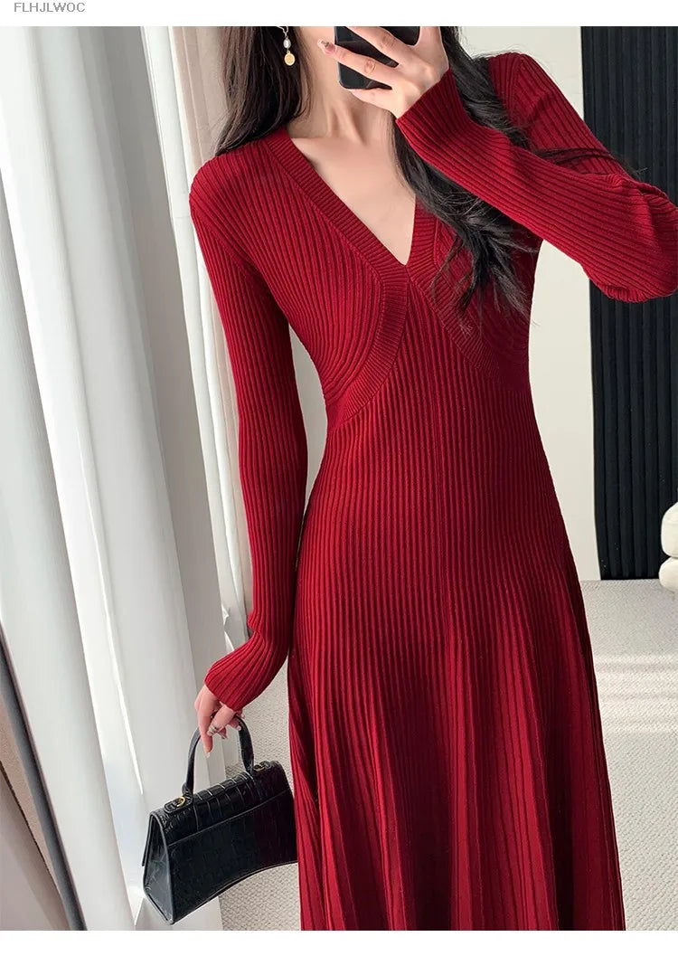Inverno primavera abbigliamento di base donna capodanno rosso stile francese Design Slim Fit una linea scollo A V maglione lavorato A maglia abito lungo Maxi abiti