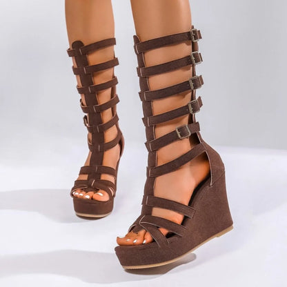 Sandali con plateau da donna estivi Scarpe basse scavate alte taglie forti Scarpe da donna con fibbia per cintura Sandali con zeppa romana con suola morbida da donna