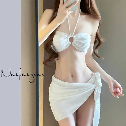 Maillot de bain bikini de couleur unie pour femme, ensemble trois pièces, natation, sports aquatiques, triangle, sexy, haut de gamme, sources chaudes