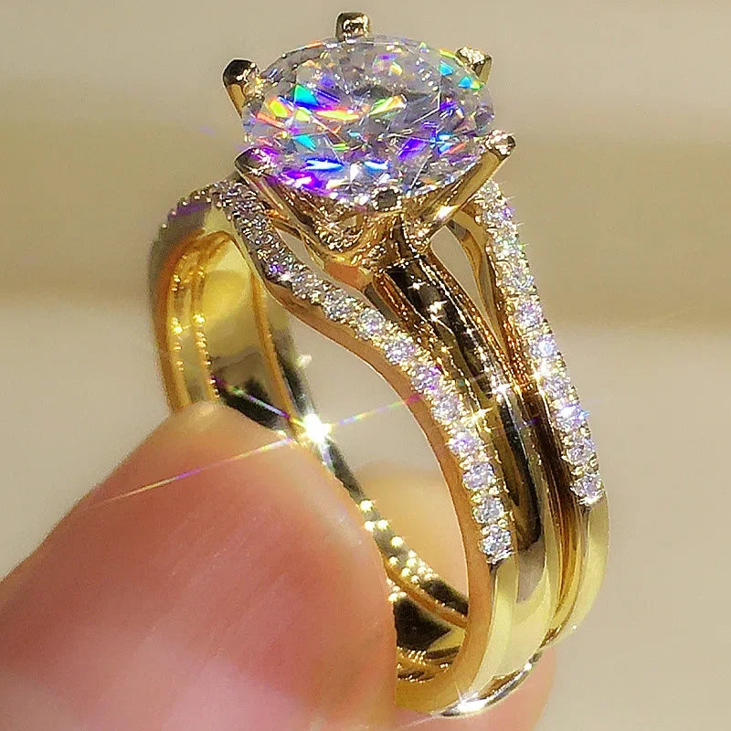 Huitan Anelli unici color oro rosa per le donne Classici 6 artigli progettati Anelli con zirconi cubici Fasce di fidanzamento per matrimoni Gioielli caldi