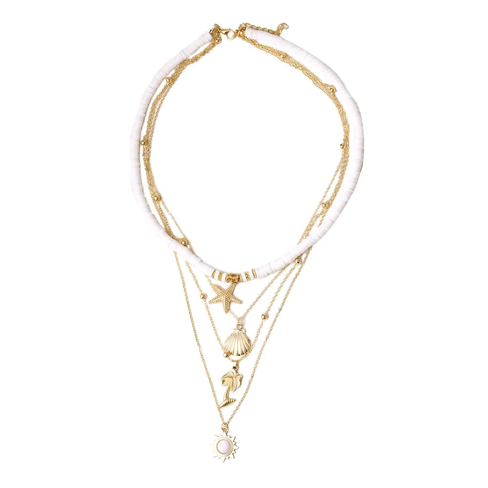 Collier de bijoux de plage d'été bohème tendance pour femmes, pendentif étoile de mer et coquillage en poterie douce, style vintage, multicouche, ras-de-cou, cadeaux