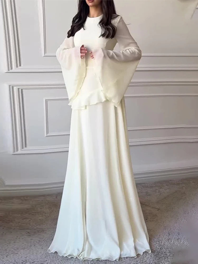 Elegante Abito Lungo in Chiffon Blu con Volant, Vestito Aderente con Collo Tondo e Maniche a Campana, Nuova Collezione 2026 per Matrimoni e Feste