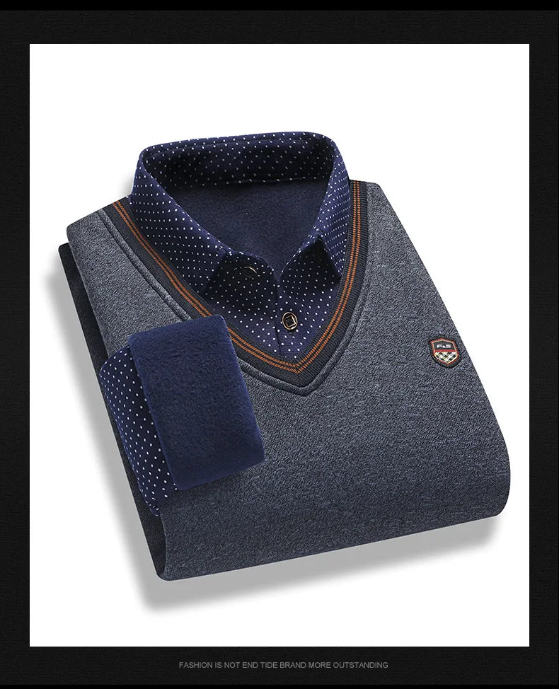 Maglione di peluche da uomo autunno inverno falso pullover in due pezzi polo colletto in pile spesso caldo top vestiti maglioni casual