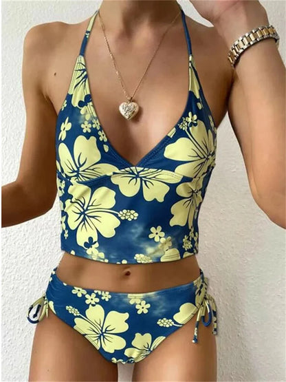 Costume da bagno sexy con stampa floreale gialla Set da donna Halter Push Up Crop Top Costume da bagno 2025 Costume da bagno da spiaggia con lacci Costumi da bagno a vita alta