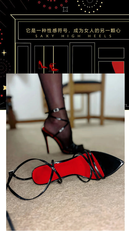 2025 Nuovi sandali estivi con cinturino dritto incrociato a punta con tacchi sottili da donna, tacchi alti con fondo rosso, sandali alla moda