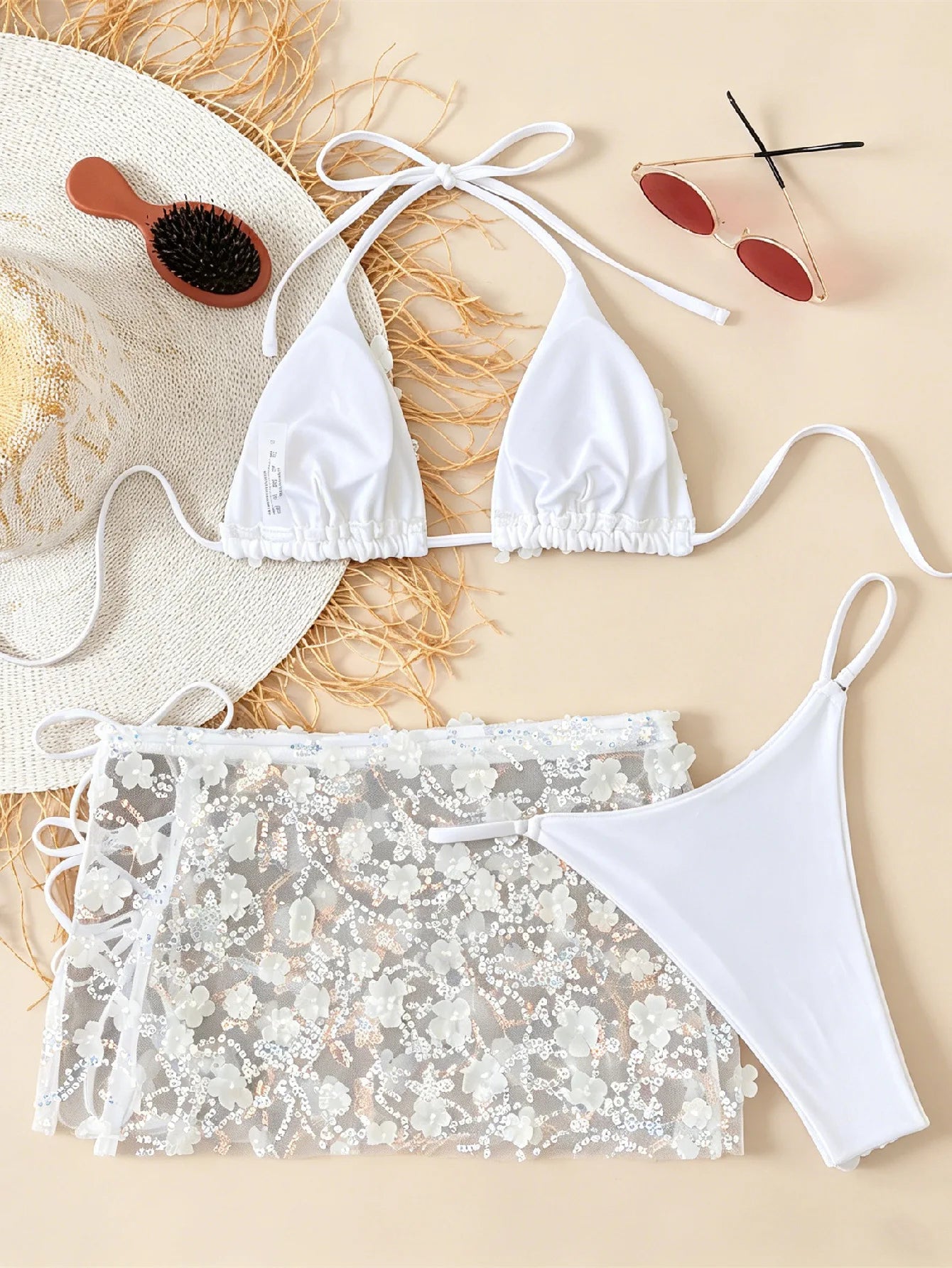 Costume da bagno a 3 pezzi con gonna in rete rosa con paillettes, reggiseno push-up e perizoma, stile brasiliano, per donna, ideale per le vacanze.