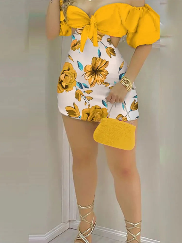 Summer Fashion Flower Print Slim Short tute donna Sexy una spalla scava fuori Bodycon tuta temperamento Lady Streetwear