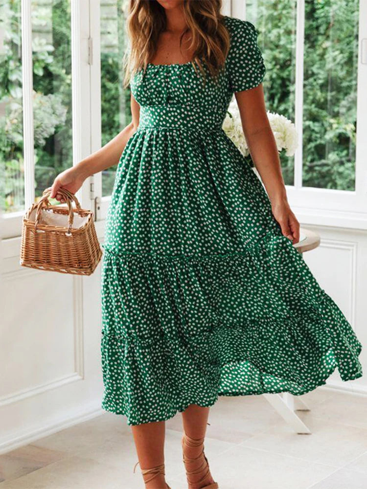 Abiti vintage stampa vintage manica a sbuffo estate spiaggia abiti dolci casual colletto quadrato floreale maxi abito lungo festa