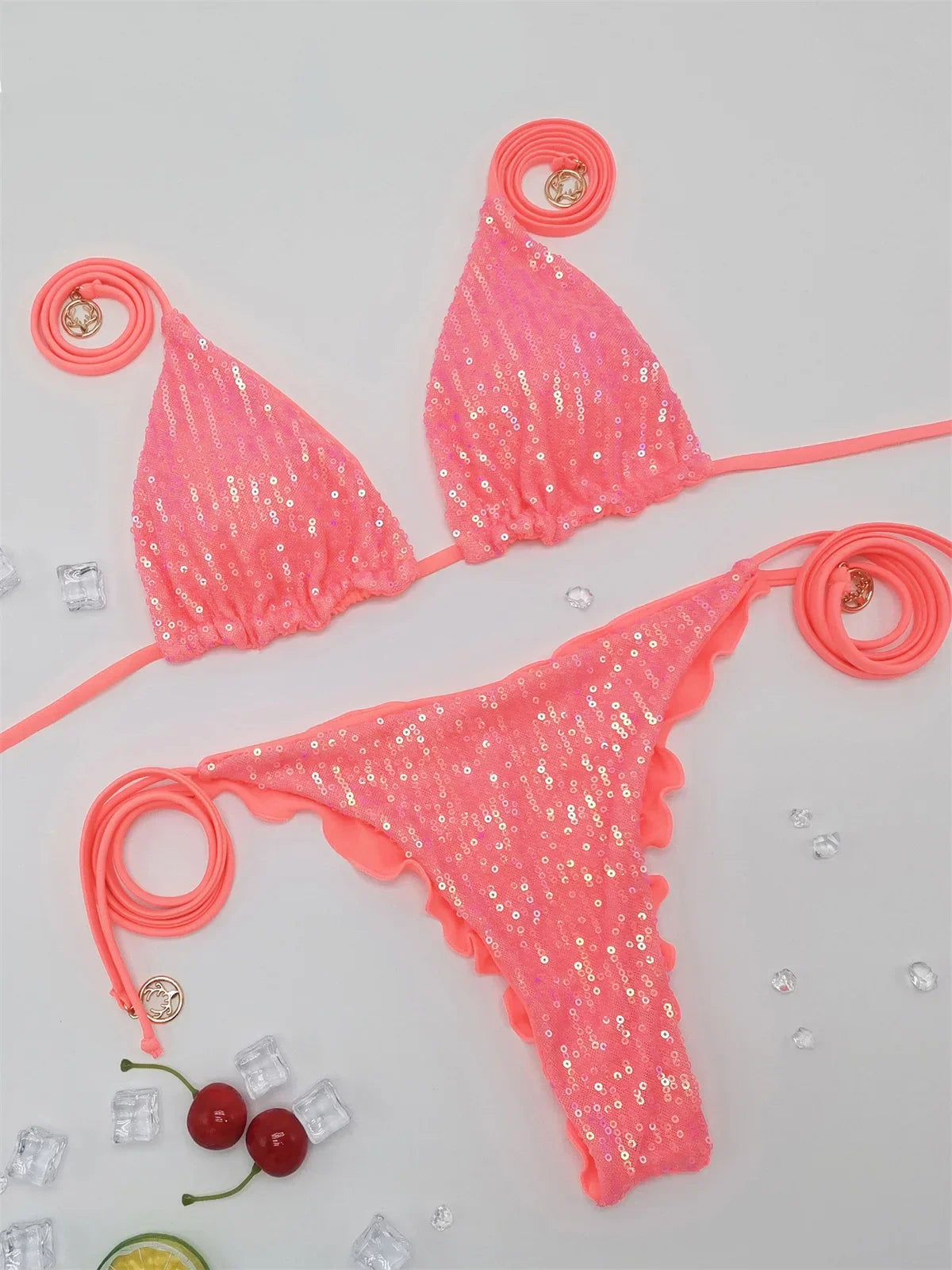 Solid Bikini Sexy Swimsuit Halter Swimwear Bathing Suit Women  Bikini Set Beach Wear Shiny Bikni Sets