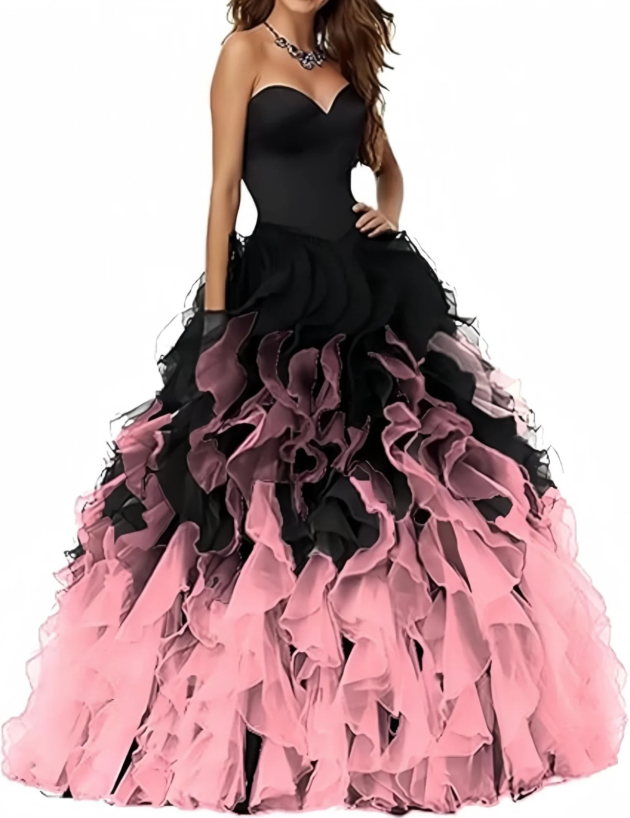 Abito Quinceanera in organza senza spalline con volant Abiti da ballo Abito da ballo lungo gonfio con scollo a cuore Ombre Abito da cocktail da sposa