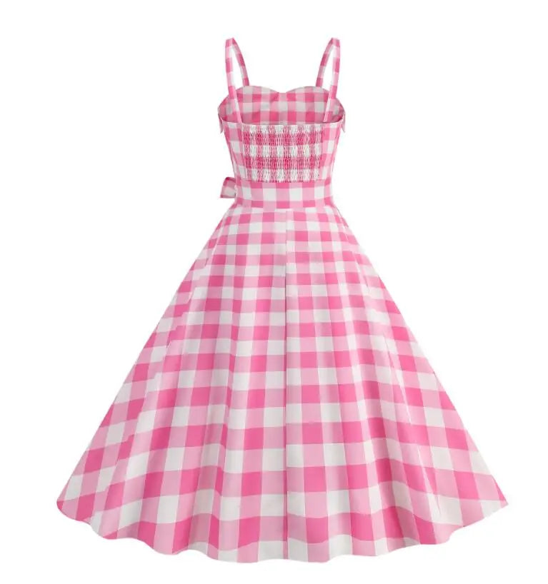 Abito estivo da donna Abito sexy con bretelle scozzese rosa retrò Abiti da festa di Natale Abito femme a vita alta