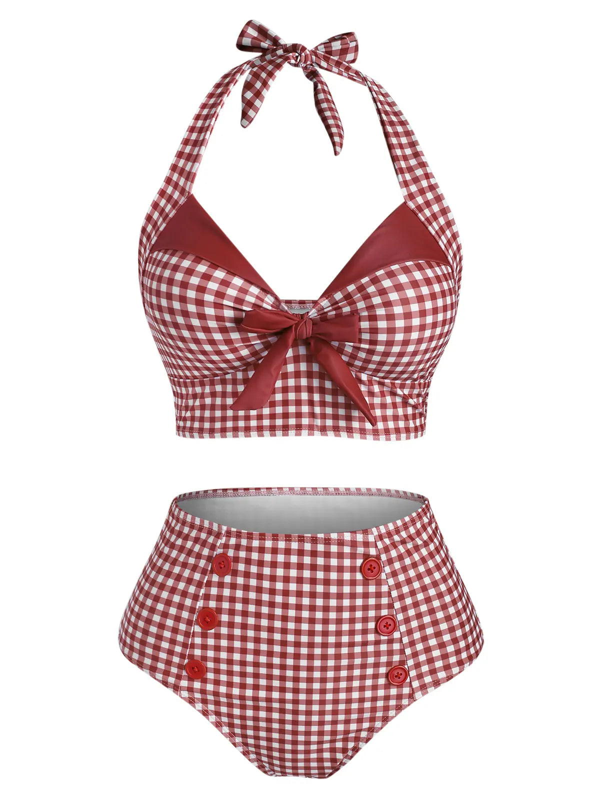 Dressfo Damen Tankini mit Bauchkontrolle, Vintage-Karo-Print, Korsett-Stil, Zierknöpfe, Sommer-Strand-Badeanzug