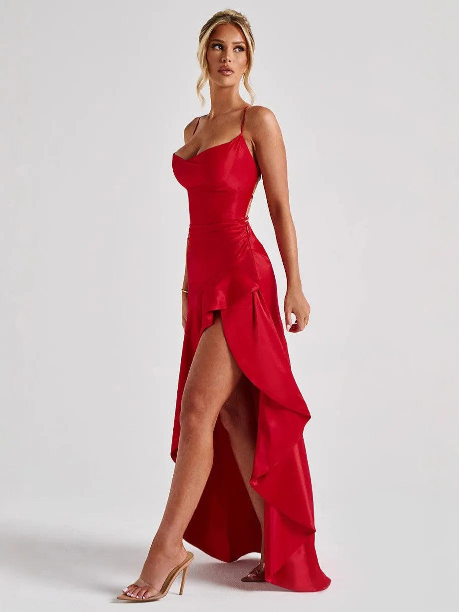 Damen-Sommerkleidung Sexy Halfter Neckholder Rückenfrei Rüschensaum Maxikleid für Frauen Polyester Satin Bodycon Kaftan Abaya Galabia