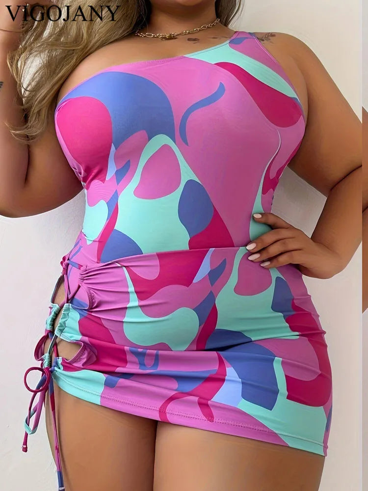 VigoJany 2026 Sexy Print zweiteiliger Plus-Size-Badeanzug für Damen, One-Shoulder großer einteiliger Badeanzug, brasilianischer Badeanzug für Mollige