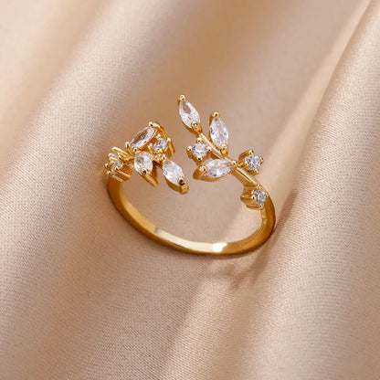 Anelli a foglia a doppio strato con zirconi di lusso per le donne Anello in acciaio inossidabile color oro Boho Coppia gioielli Accessori anelli mujer