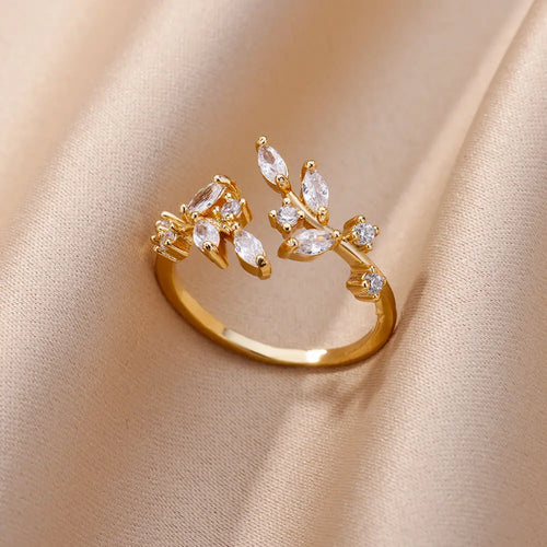Anelli a foglia a doppio strato con zirconi di lusso per le donne Anello in acciaio inossidabile color oro Boho Coppia gioielli Accessori anelli mujer