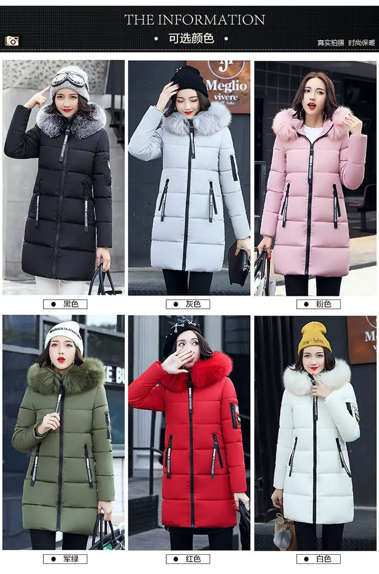 Parka Invernale da Donna con Cappuccio e Collo in Pelliccia, Giacca Lunga Elegante con Zip e Patch con Lettere, Calda e Spessa, Capospalla Femminile per la Neve