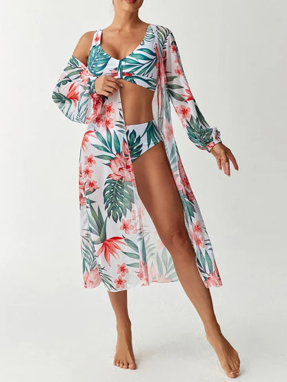 Bikini Women Swimsuit 2026 New Print Sling Bikini Set Sexy High Waist Swimwear Summer Long Sleeve Mesh Beach Bathing Suit Female