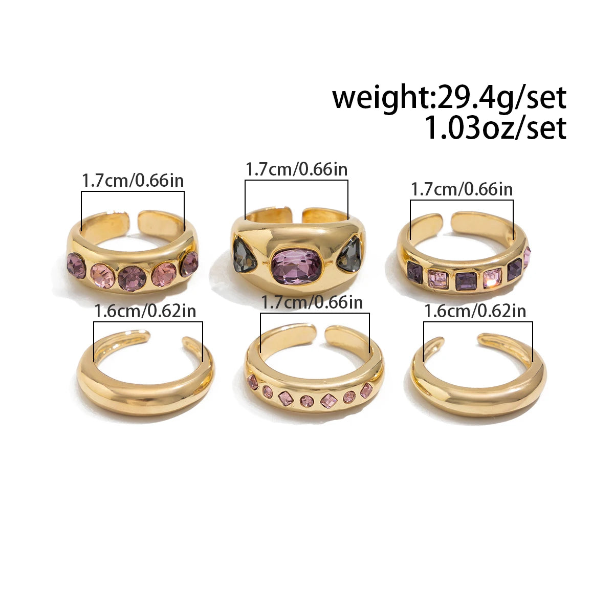 Salircon 6 Pz/set Intarsiato Zircone Viola Anello di Apertura Regolabile Set Donne Anello di Colore Oro Liscio per il Regalo Dei Gioielli Quotidiani Femminili