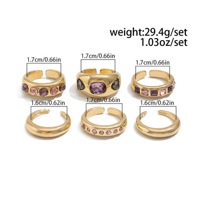 Salircon 6 Pz/set Intarsiato Zircone Viola Anello di Apertura Regolabile Set Donne Anello di Colore Oro Liscio per il Regalo Dei Gioielli Quotidiani Femminili