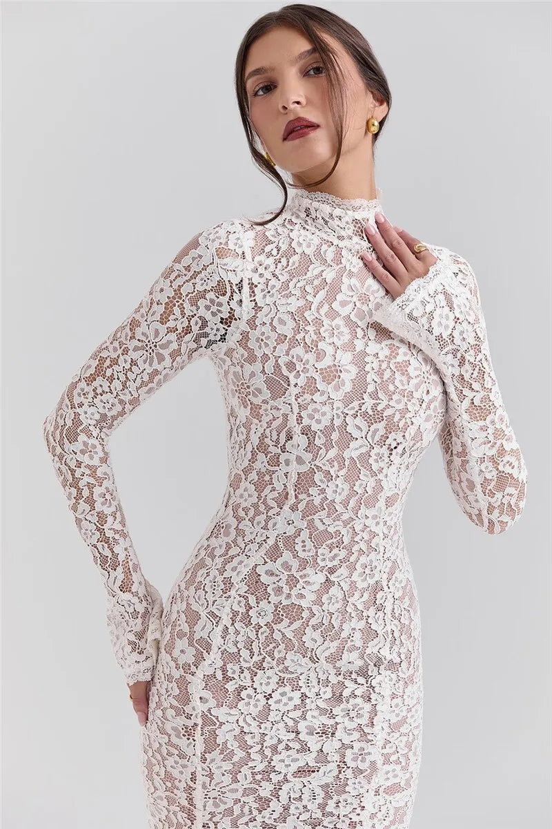 Abito longuette sexy a maniche lunghe in pizzo Mozision per donna Elegante abito lungo sexy da festa aderente a vita alta con collo a metà alto bianco