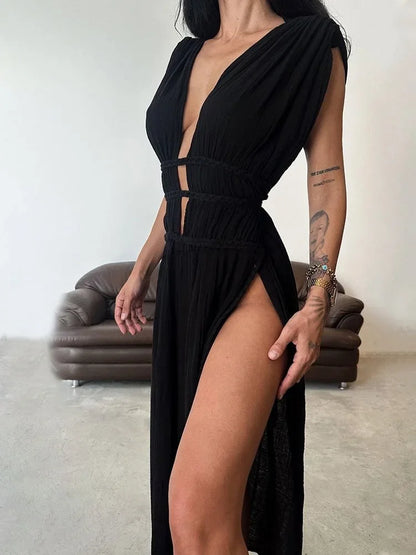 Copricostume Sexy 2026 con Scollo a V e Schiena Aperta, Vestito Lungo da Spiaggia per Donna con Cintura Intrecciata, Tunica Lunga con Spacco, Abito Vintage da Festa A2922