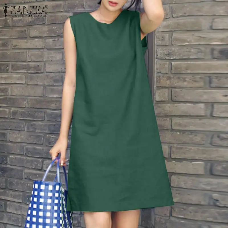 2024 Abito estivo ZANZEA Moda senza maniche Abiti da spiaggia Lavoro d'ufficio Vestito estivo Donna Abiti eleganti in tinta unita Robe Femme