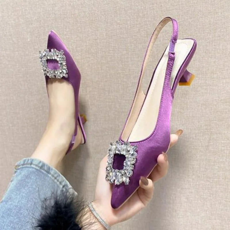 Sandales d'été pour femmes, nouvelles chaussures pour femmes, chaussures pointues à bout ouvert, chaussures à diamants roses Nude, chaussures à talons bas avec bride arrière, chaussures habillées pour femmes