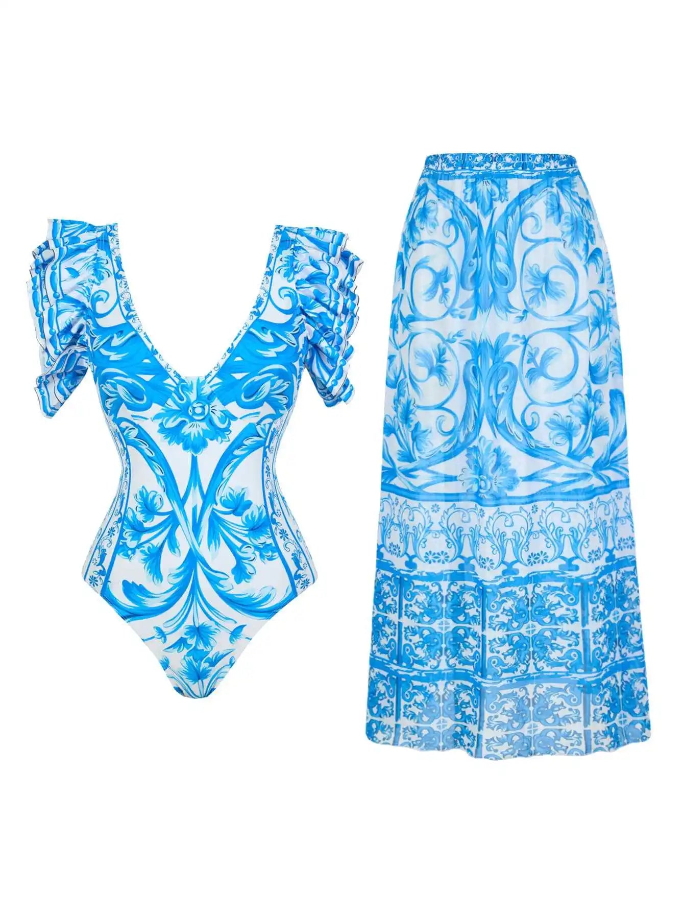 Costume da bagno floreale con stampa floreale con volant monospalla blu Set copricostume singolo micro monokini costumi da bagno sexy per ragazze Summer Beach
