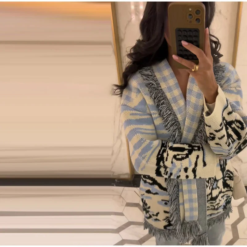 Cardigan lavorato a maglia con frange a fiori da donna Moda scollo a V manica lunga bottoni corti Cappotto casual Lady 2025 Autunno Chic Capispalla