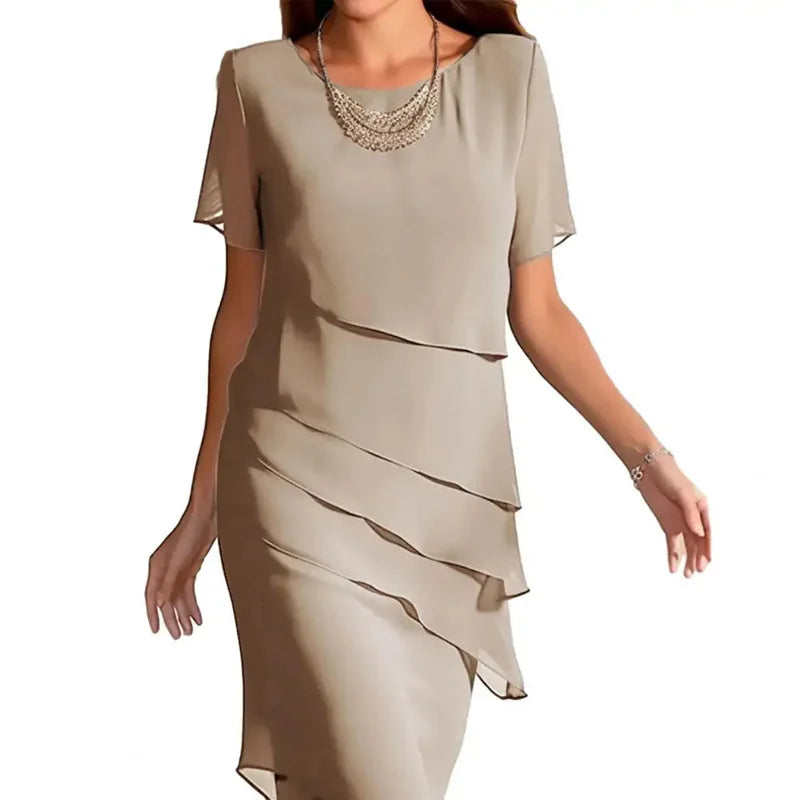 Abito da donna sottile con volant irregolare al ginocchio Abito da festa sottile estivo femminile in chiffon patchwork Abiti a maniche corte JYFS-1096