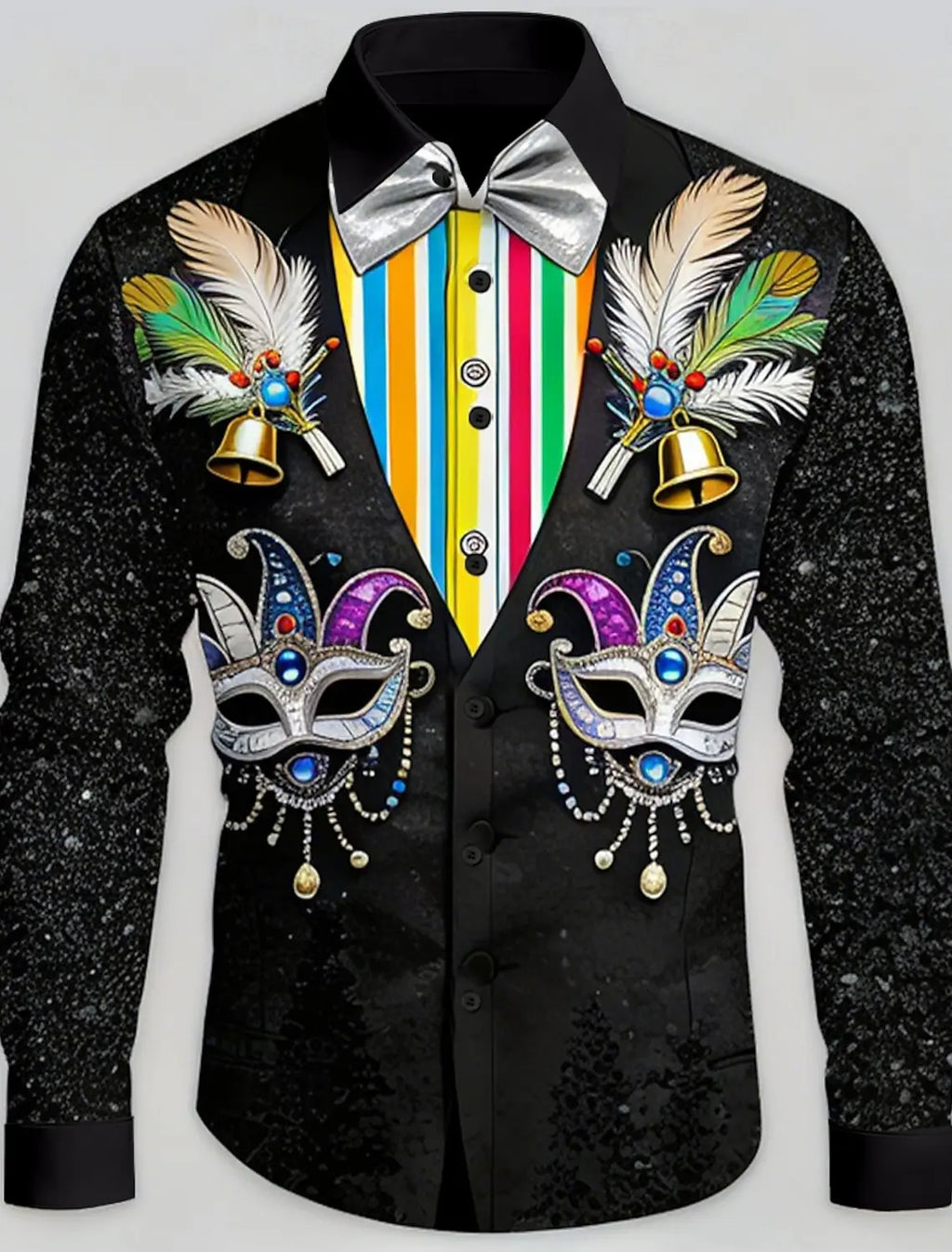 Mardi Gras Carnevale da uomo con colletto finto e maschera di design con piume Camicia con bottoni Camicia a maniche lunghe Moda Primavera Autunno