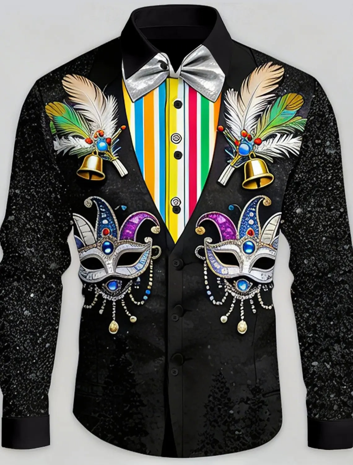 Mardi Gras Carnevale da uomo con colletto finto e maschera di design con piume Camicia con bottoni Camicia a maniche lunghe Moda Primavera Autunno