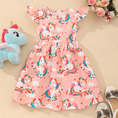 2024 Bambini Vestono Vestiti Della Ragazza Festa di Compleanno Dinosauro Estate Manica Corta Unicorno Neonate Abiti da Principessa 2 3 5 6 7 8 Anni