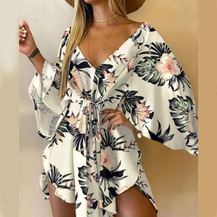 Abito da donna con stampa sexy scollo a V manica a pipistrello con volant fiori stampa Bohemian Beach vestito estivo da donna mini abiti larghi per le vacanze estive